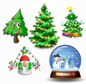Тут 3 ялинки, сніговик з гірляндою, глобус зі сніговиком (показує скільки днів залишилося до Нового року або до Різдва - це можна налаштувати) і обертається засніжений будиночок з ялинкою